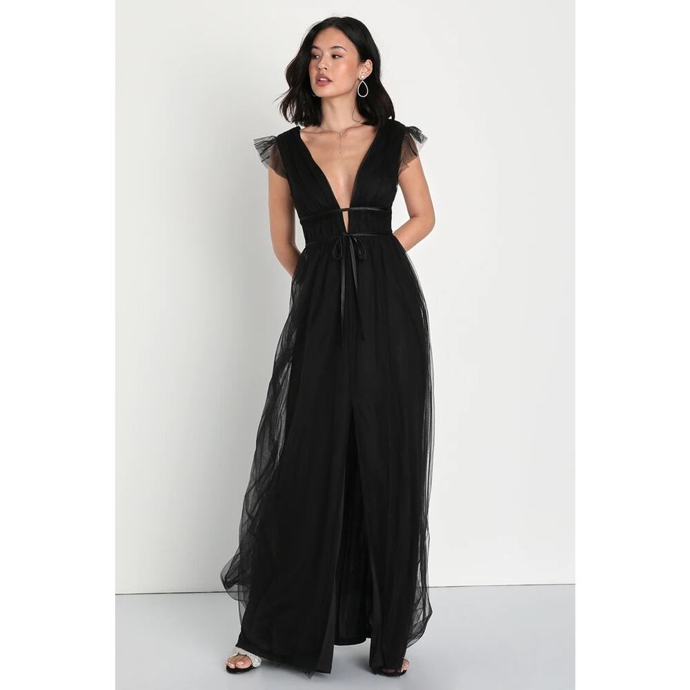 NWT Lulus I'm All Yours Black Tulle Ruffled Maxi Dress Debut Wedding Size M